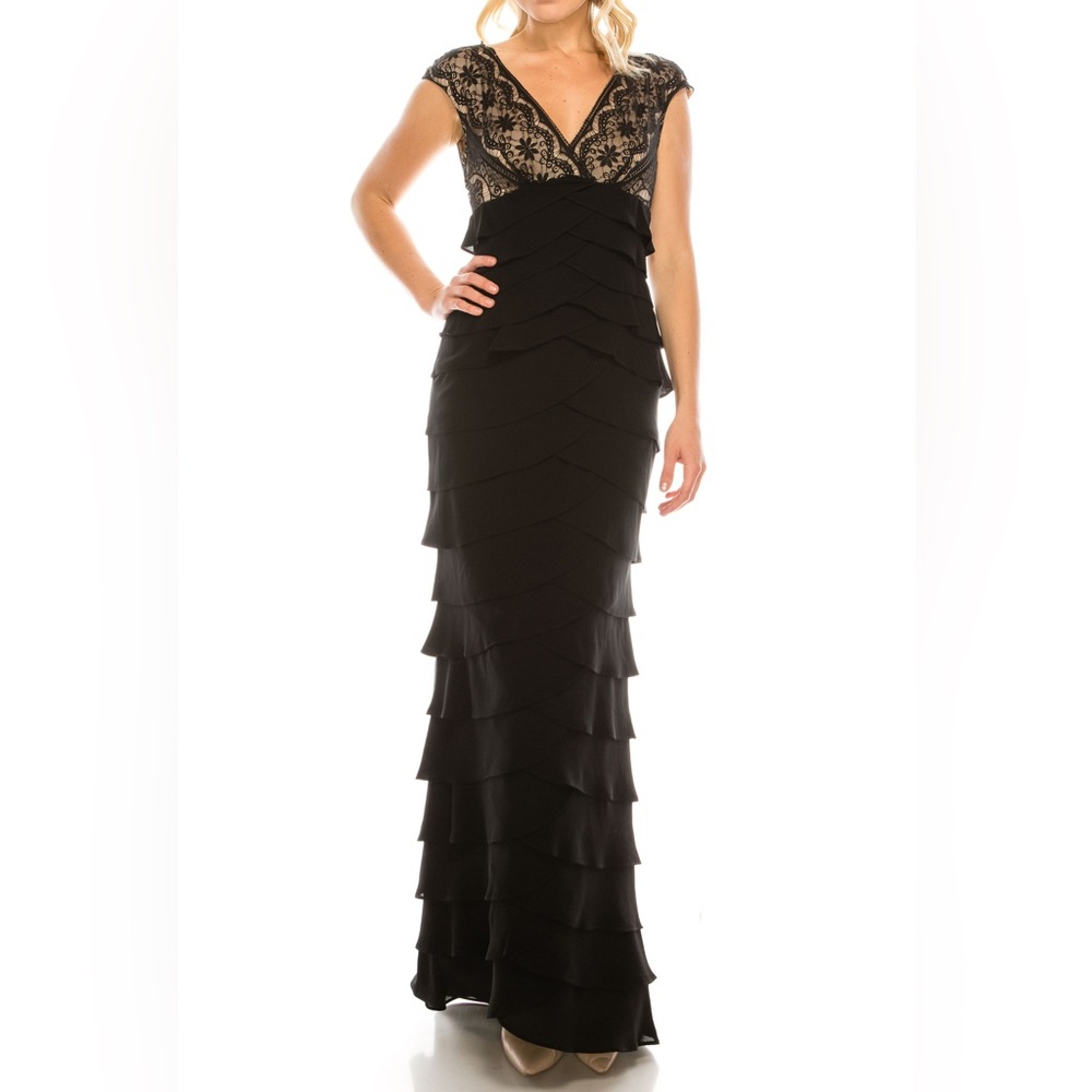 Anthropologie Adrianna Papell Size 10 Black Shutter Pleat Lace Chiffon Dress